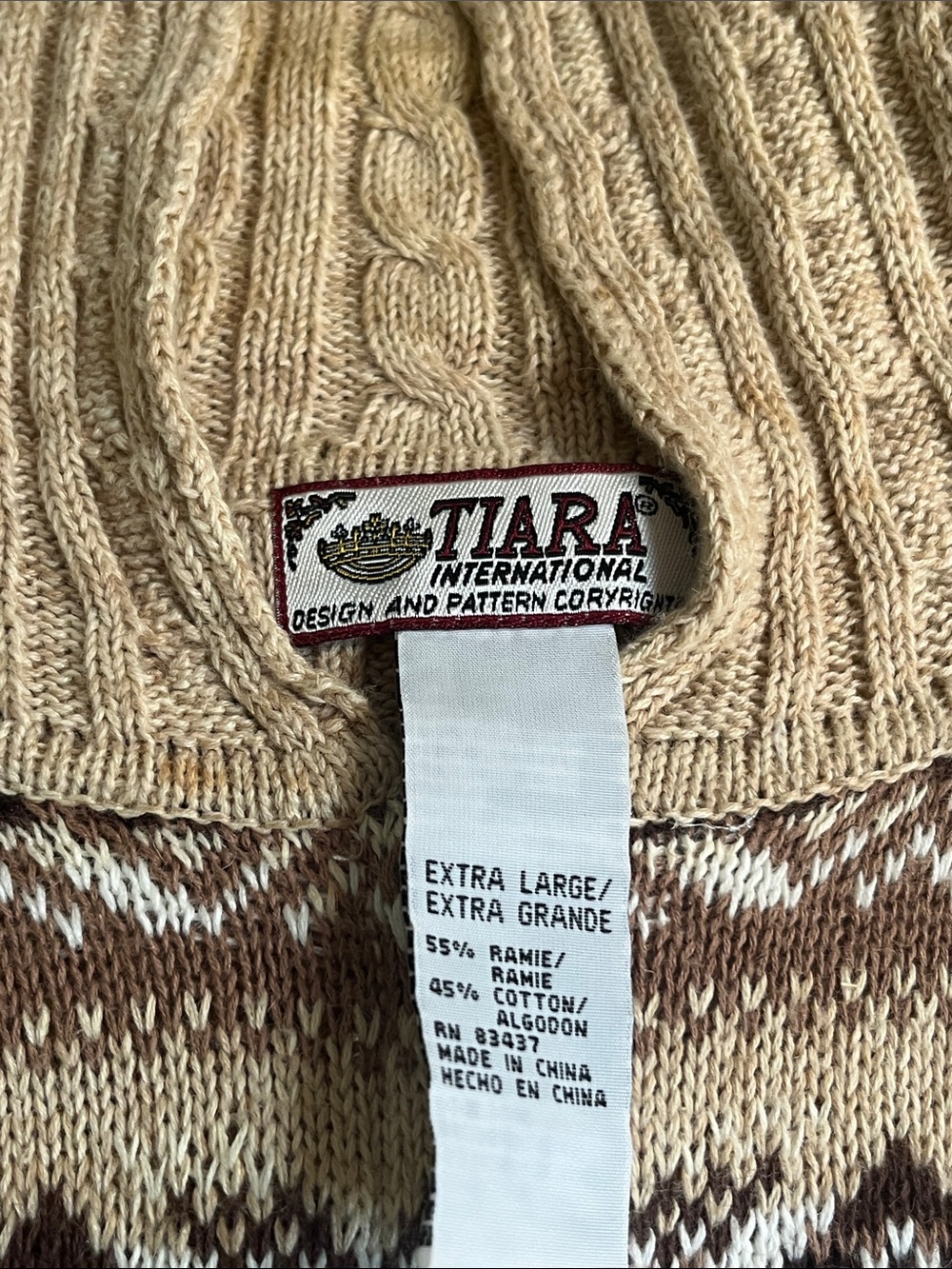 Tiara International Beige Fair Isle Zip Cardigan Sweater XL - Picture 4 of 7